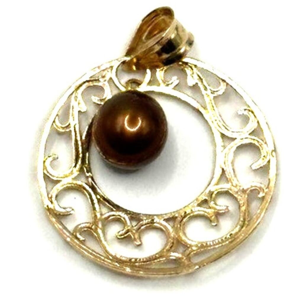 14K Yellow Gold Circle Pendant with Brown Pearl PE-149
